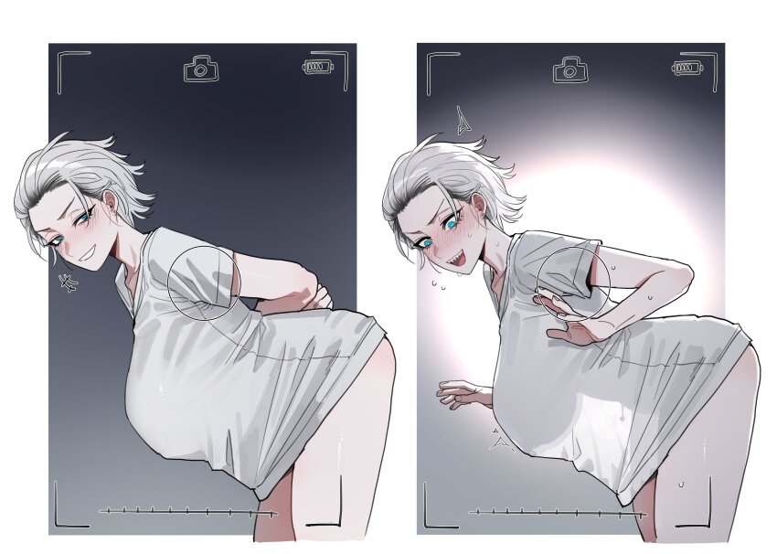 +++ 1girl @_@ absurdres arms_behind_back battery_indicator bent_over blue_eyes blush border breasts commentary cropped_legs ear_blush earrings embarrassed english_commentary flying_sweatdrops grey_hair grin hair_slicked_back half-closed_eyes highres huge_breasts jewelry looking_at_viewer multiple_views nipple_piercing nipple_rings no_pants open_mouth original outside_border oversized_clothes oversized_shirt piercing ratatatat74 see-through_silhouette sharp_teeth shirt short_hair short_sleeves sidelighting smile stud_earrings sweat t-shirt teeth v-shaped_eyebrows viewfinder white_border white_shirt
