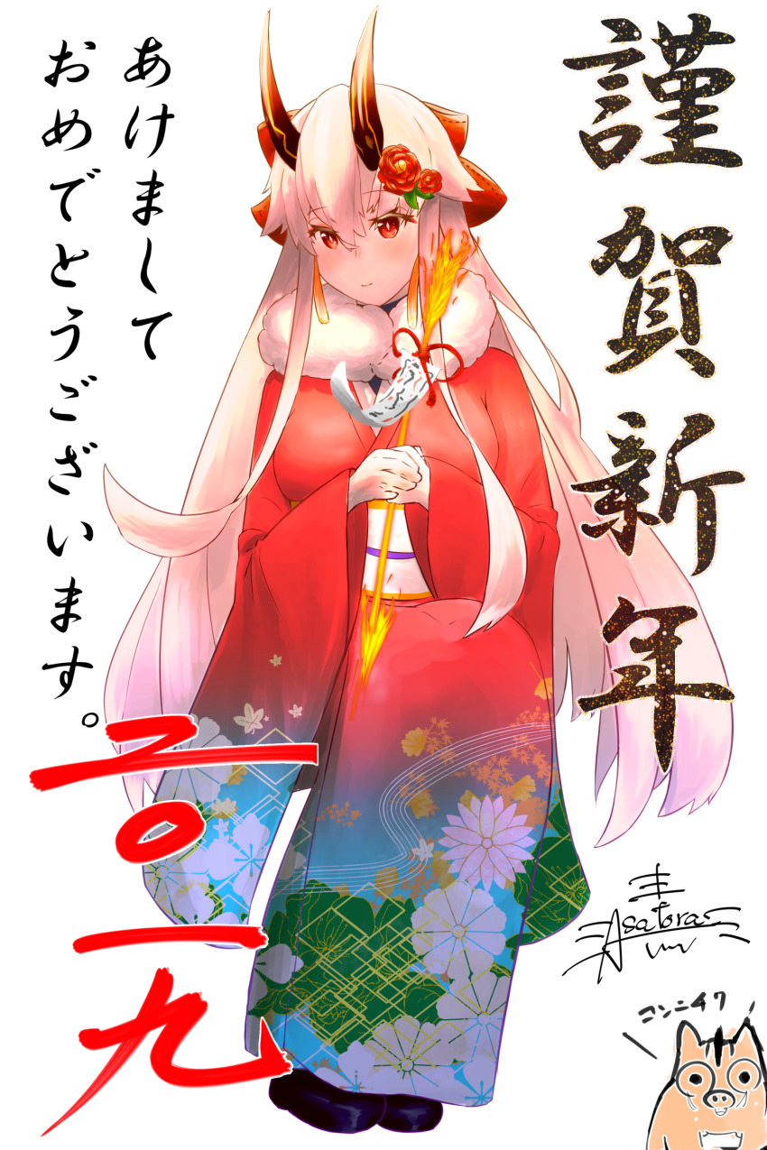 1girl absurdres arrow_(projectile) asagiri_shuuko black_footwear blush bow commentary_request earrings fate/grand_order fate_(series) female_focus fire flaming_arrow floral_print flower fur-trimmed_kimono fur_trim hair_bow hair_flower hair_ornament highres holding holding_arrow horns japanese_clothes jewelry kimono light_smile long_hair looking_at_viewer obi oni_horns pink_hair red_bow red_eyes red_flower red_horns red_kimono red_rose rose sash sidelocks signature sitting solo tomoe_gozen_(fate) translation_request very_long_hair white_background