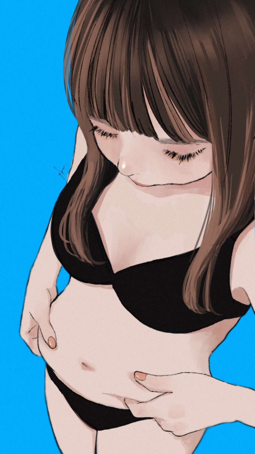 1girl belly_grab braid brown_hair film_grain from_above highres navel underwear yellowunk