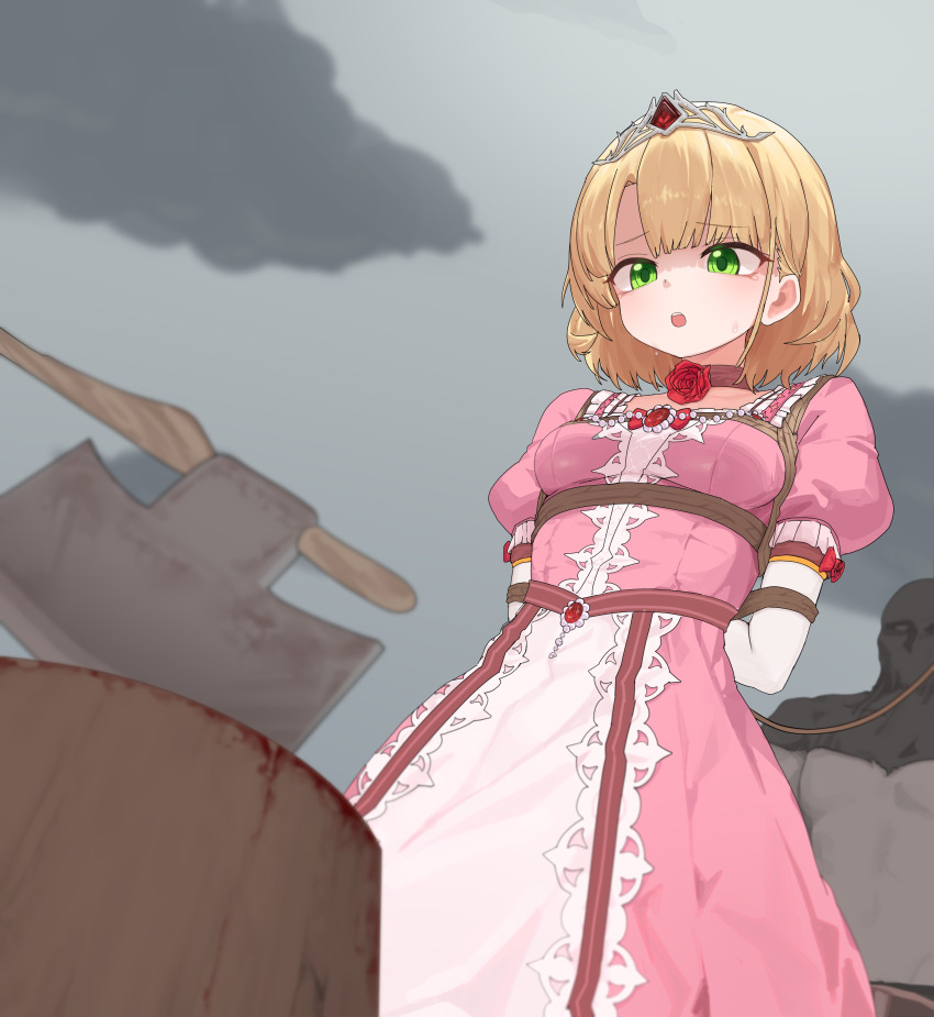1boy 1girl :o absurdres axe blonde_hair blood bound breasts choker commission dress execution executioner green_eyes grey_sky highres imminent_death ju_ge original outdoors pink_dress princess puffy_short_sleeves puffy_sleeves short_hair short_sleeves sky solo_focus tearing_up tiara tied_up_(nonsexual)