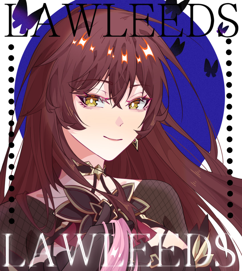 1girl absurdres animal_ears artist_name black_dress blue_background brown_hair butter closed_mouth commission dress eden_(honkai_impact) food highres honkai_(series) honkai_impact_3rd lawleeds long_hair looking_at_viewer oval_background portrait smile solo two-tone_background yellow_background yellow_eyes