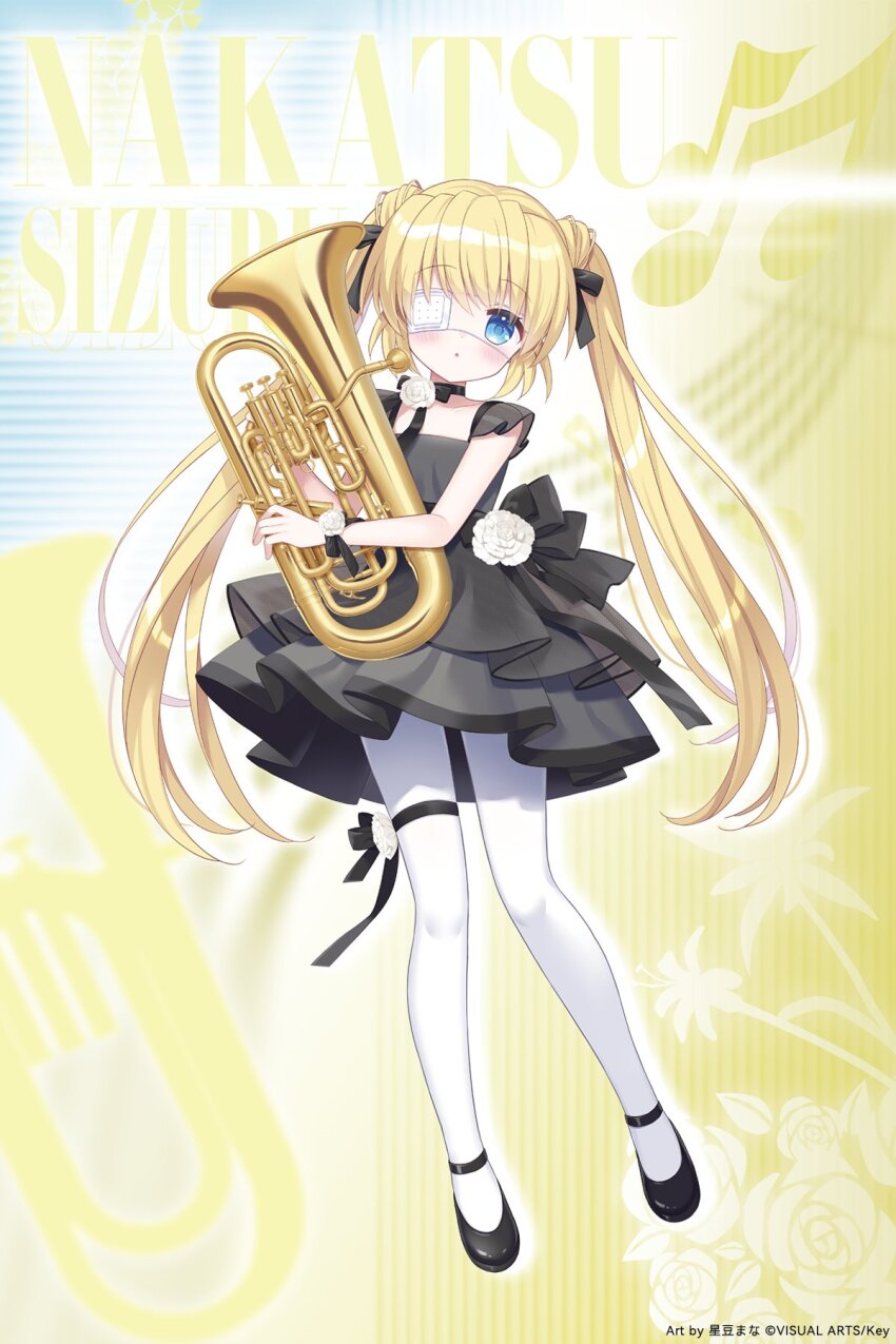 1girl black_dress blonde_hair blue_eyes character_name commentary_request dress euphonium eyepatch full_body highres holding holding_instrument hoshimame_mana instrument long_hair looking_at_viewer medical_eyepatch nakatsu_shizuru official_art pantyhose rewrite solo twintails white_pantyhose