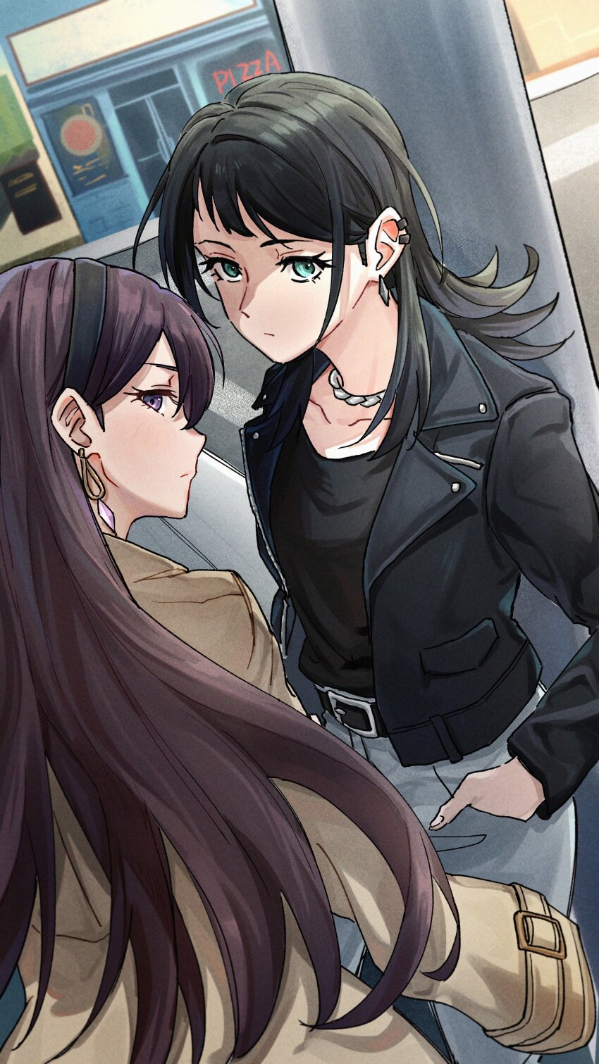 2girls absurdres aqua_eyes bang_dream! bang_dream!_it&#039;s_mygo!!!!! belt black_hair black_jacket black_shirt brown_coat brown_hair coat collarbone earclip earrings grey_pants hair_behind_ear hairband hand_in_pocket highres jacket jewelry joker_(jjjokerrr233) long_hair looking_at_viewer looking_back medium_hair multiple_girls necklace outdoors pants pillar purple_eyes shiina_taki shirt storefront yahata_umiri