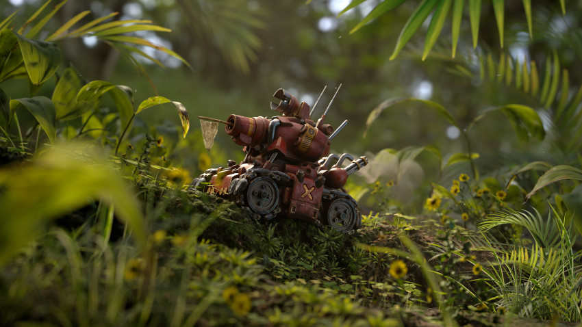 3d bad_end broken cannon caterpillar_tracks commentary defeat english_commentary fake_screenshot flag flower forest gameplay_mechanics highres leaf machinery marcelovaz metal_slug military military_vehicle motor_vehicle nature photorealistic plant realistic screencap sv001_(metal_slug) tank tree