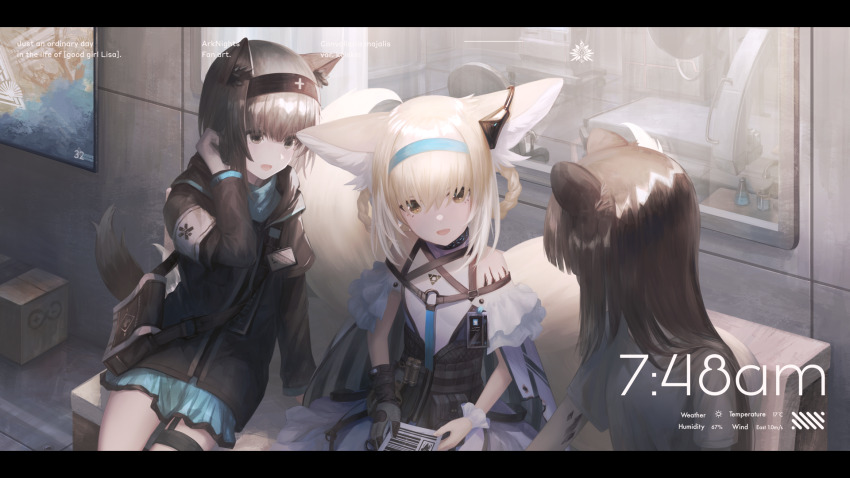 3girls 3syo animal_ear_fluff animal_ears arknights armband bag bare_shoulders black_collar black_eyes black_gloves black_jacket blonde_hair blue_hairband blue_skirt brown_hair character_request clothing_cutout collar commentary_request dress earpiece fox_ears fox_girl fox_tail gloves hairband highres indoors infection_monitor_(arknights) jacket kitsune kyuubi letterboxed long_hair long_sleeves material_growth multicolored_hair multiple_girls multiple_tails open_mouth oripathy_lesion_(arknights) partial_commentary purple_dress rhine_lab_logo rhodes_island_medic_(arknights) shirt short_hair short_sleeves shoulder_bag shoulder_cutout single_glove sitting skirt suzuran_(arknights) tail two-tone_hair white_armband white_hair white_shirt wrist_cuffs yellow_eyes