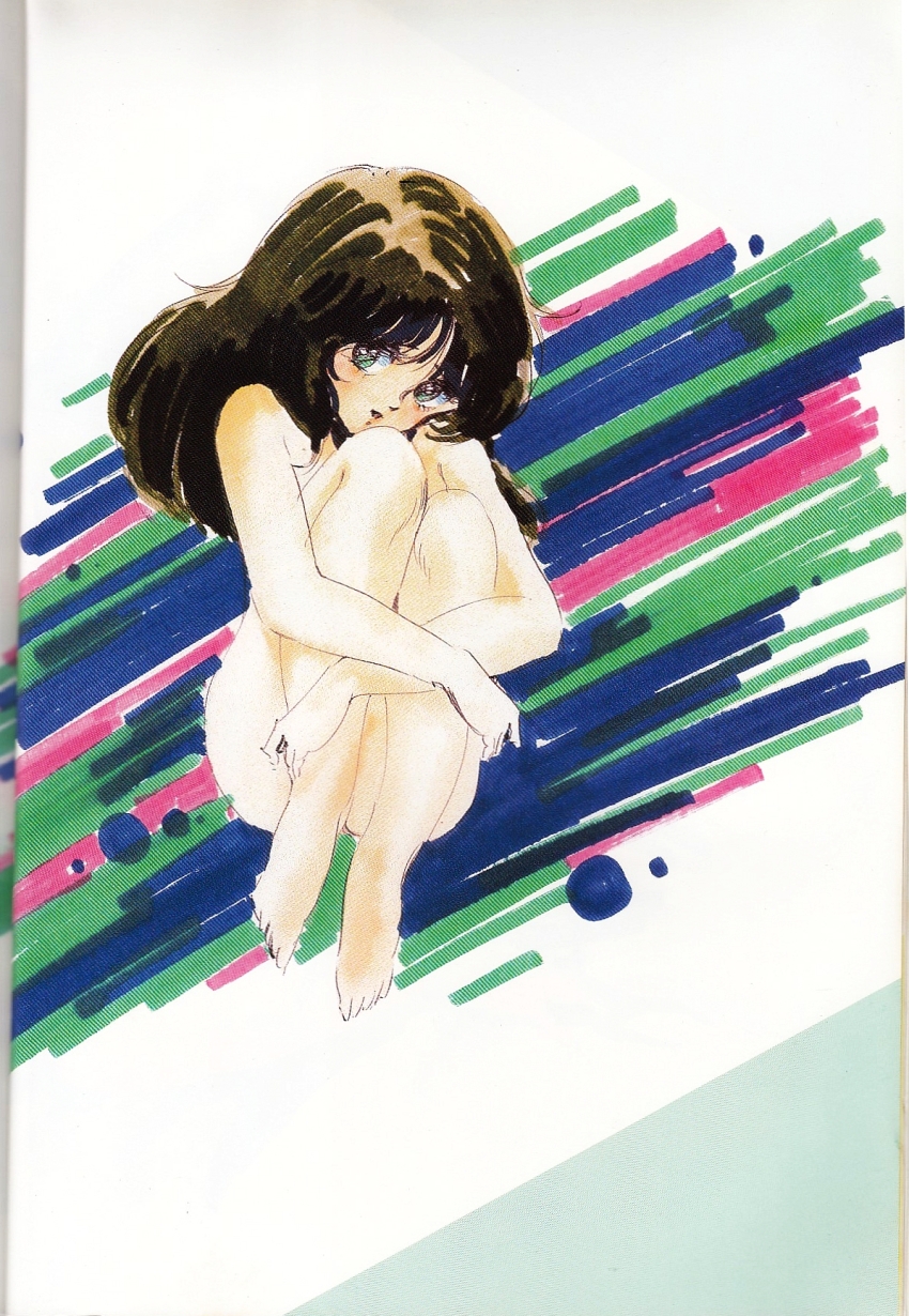 1980s_(style) 1girl abstract_background blue_eyes brown_hair cream_lemon highres hugging_own_legs long_hair marker_(medium) midair non-web_source nonomura_ami nude official_art oldschool parted_lips retro_artstyle scan shingyouji_tatsuya solo traditional_media
