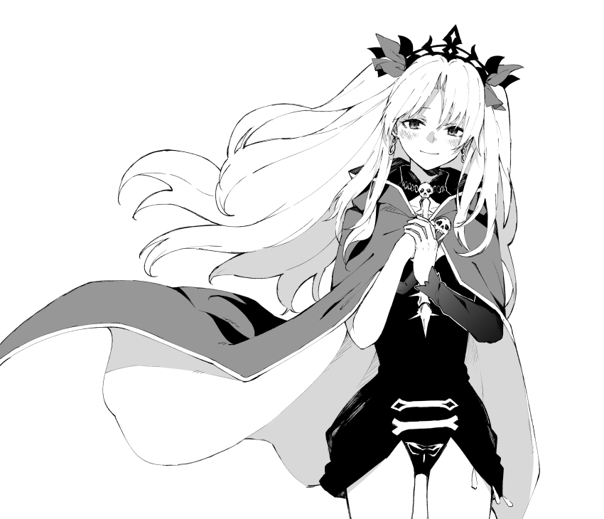 1girl absurdres bow cloak cropped_legs ereshkigal_(fate) fate/grand_order fate_(series) female_focus greyscale hair_bow highres hood hooded_cloak jewelry long_hair monochrome necklace own_hands_together skull_necklace smile solo tiara tsukamoto_minori white_background