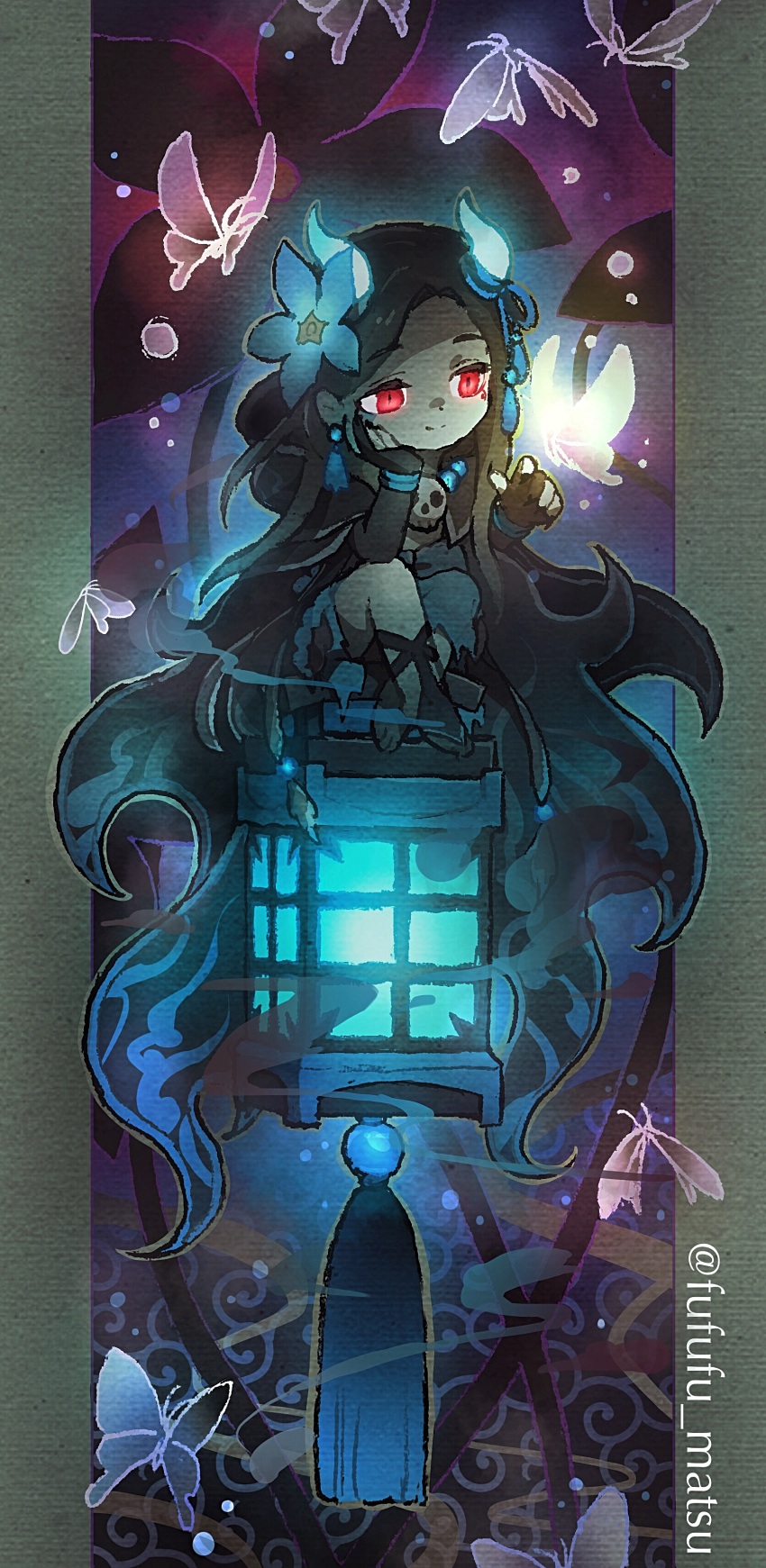 1girl absurdres brown_hair bug butterfly dress flower flower_fairy_(osomatsu-kun) funuyu glowing_horns hair_flower hair_ornament hand_on_own_cheek hand_on_own_face highres horns insect jewelry lantern long_hair necklace osomatsu-san osomatsu_(series) skull_necklace smile