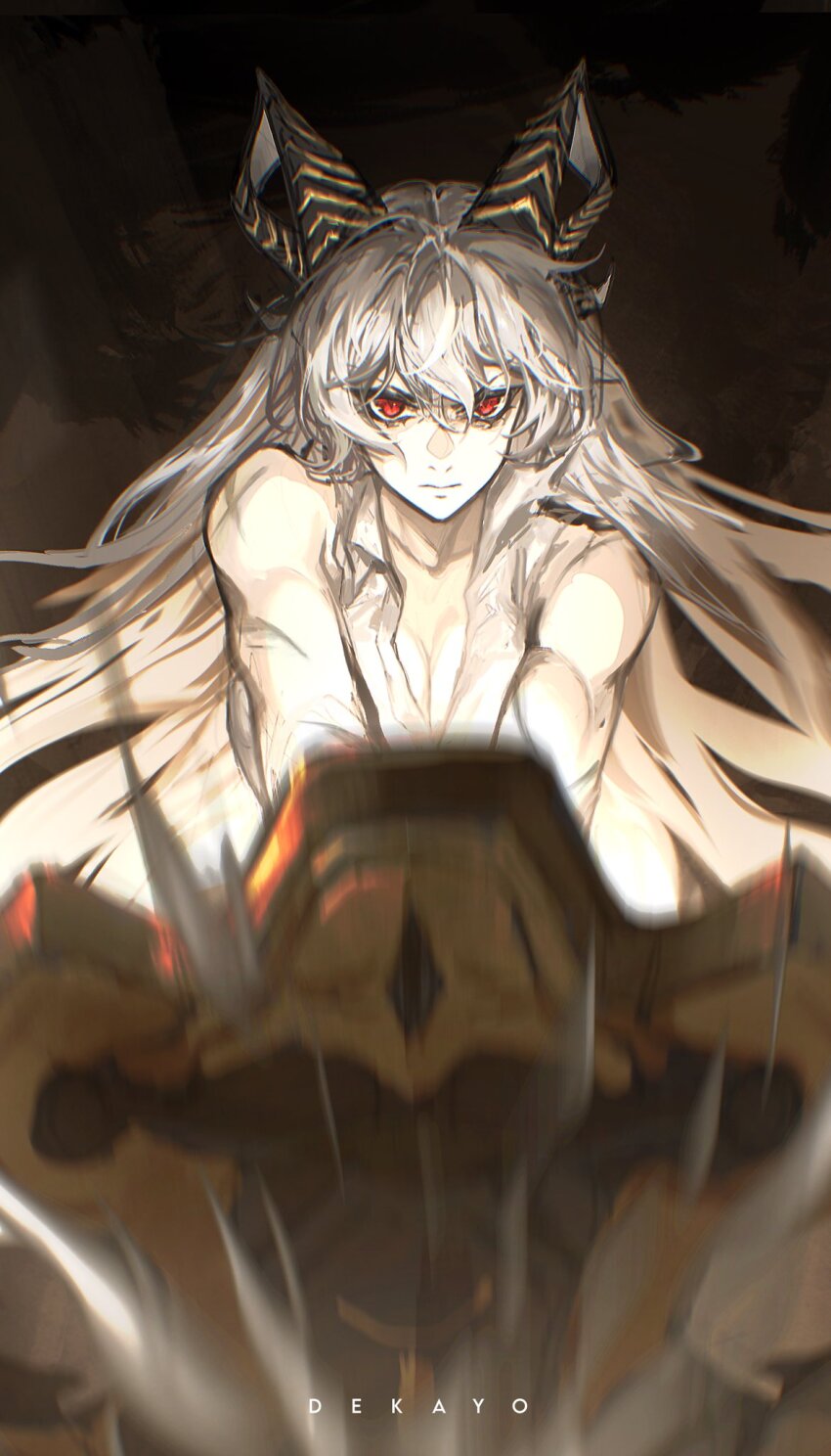 1girl artist_name bare_shoulders black_horns closed_mouth collared_shirt commentary curled_horns deka_yo grey_hair highres holding holding_shield horns long_hair looking_at_viewer red_eyes shield shirt solo v-shaped_eyebrows very_long_hair white_shirt wuthering_waves zani_(wuthering_waves)