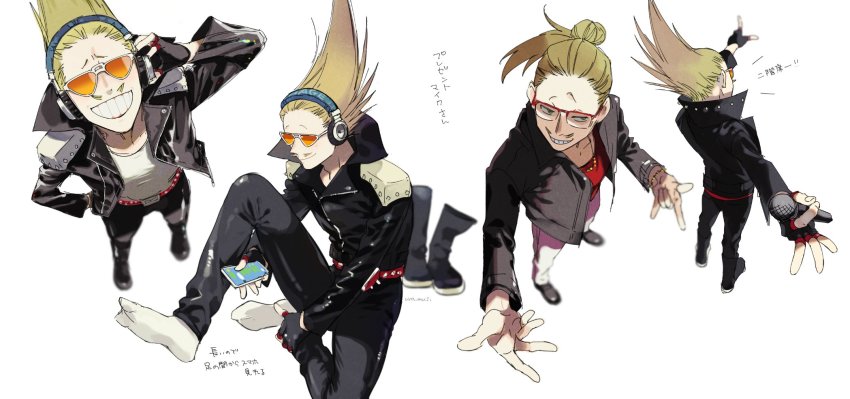 1boy :d belt bespectacled blonde_hair blurry boku_no_hero_academia boots casual costume crested_hair depth_of_field epaulettes facial_hair fingerless_gloves glasses gloves green_eyes grin hair_up headphones highres holding holding_phone jacket long_hair male_focus microphone multiple_views mustache on_floor open_mouth pants phone present_mic rivets shoes unworn_shoes simple_background smile standing sunglasses tabi text_messaging tinted_eyewear translation_request ura_musi white_background