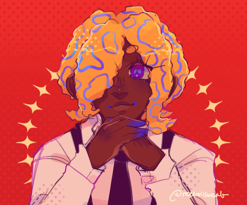 1girl black_necktie black_suspenders cephalopod_eyes hands_up necktie nintendo orange_hair patterned_hair purple_eyes red_background reelrollsweat smile solo splatoon_(series) splatoon_3 tao_blu tentacle_hair upper_body