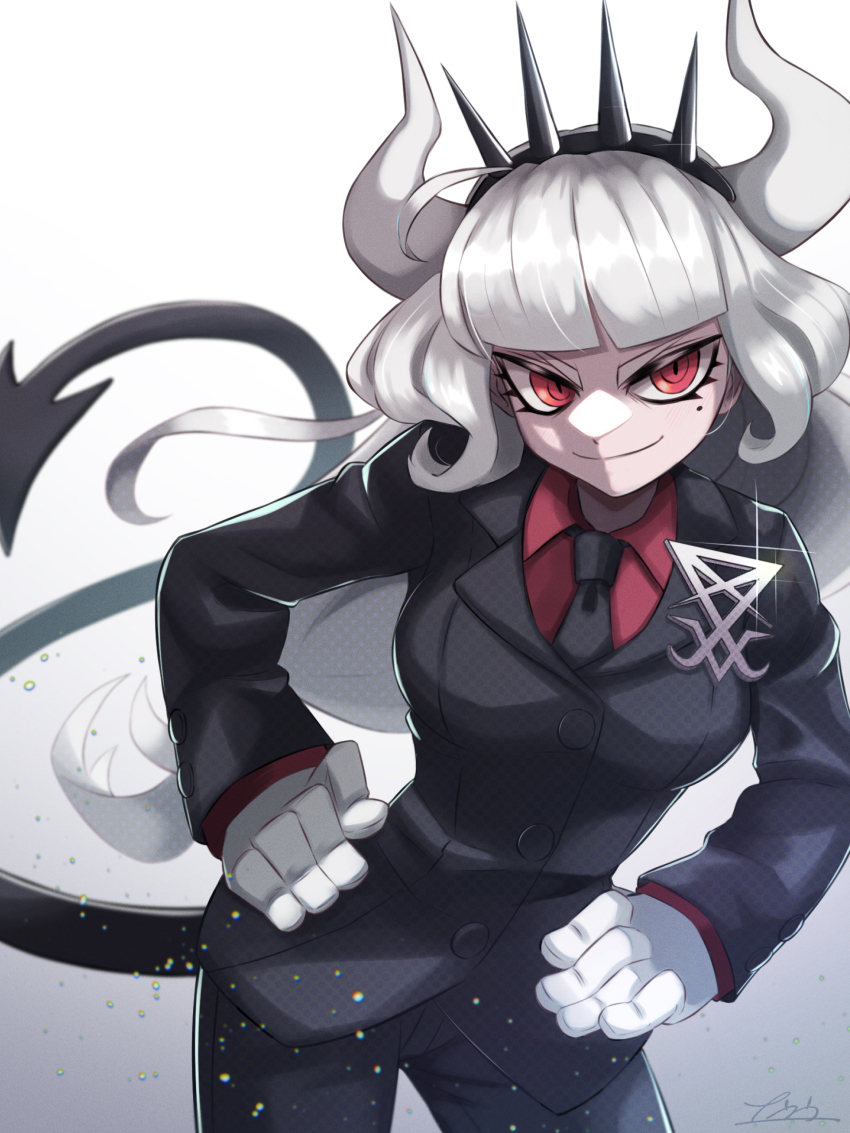 1girl absurdres black_jacket black_necktie blunt_bangs breasts buttons contrapposto demon_girl demon_horns demon_tail gloves helltaker highres horns jacket large_breasts long_hair looking_at_viewer lucifer_(helltaker) mole mole_under_eye nankou_(koutanan) necktie red_eyes red_shirt shirt smile solo tail white_hair white_horns