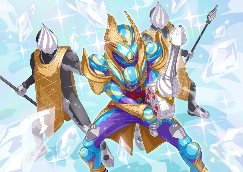 3boys absurdres adk-em armor bandai bandai_namco blue_armor blue_helmet cape compound_eyes food gavvwhipir gloves helmet henshin_belt_gavv highres holding holding_sword holding_weapon ice ice_cream ice_cream_cone ishimori_prod kamen_rider kamen_rider_gavv kamen_rider_gavv_(blizzardsorbet_form) kamen_rider_gavv_(series) kamen_rider_gavv_blizzardsorbet_form male_focus multiple_boys otokamu polearm purple_armor rider_belt spear sword tabard toei_company tokusatsu tv_asahi weapon whipped_soldier white_tabard