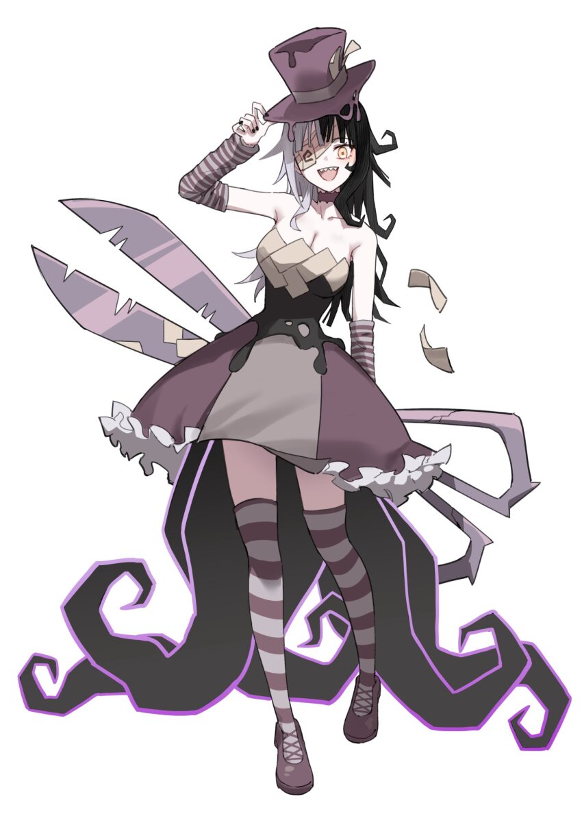 1girl adjusting_clothes adjusting_headwear alternate_costume alternate_hairstyle arm_behind_back arm_up arm_warmers black_corset black_dress black_hair breasts choker cleavage commentary corset dress eyepatch frilled_dress frills full_body grey_arm_warmers grey_dress grey_hair grey_thighhighs hair_over_shoulder hat highres holding holding_scissors hololive hololive_english horizontal-striped_clothes horizontal-striped_thighhighs huge_weapon invisible_floor large_breasts long_hair looking_at_viewer messy_hair multicolored_dress multicolored_hair open_mouth oversized_object profnote purple_arm_warmers purple_choker purple_dress purple_hat purple_shoes purple_thighhighs scissors sharp_teeth shiori_novella shoes simple_background smile solo split-color_hair standing strapless strapless_dress striped_arm_warmers striped_clothes striped_thighhighs teeth tentacle_clothes tentacles thighhighs tilted_headwear top_hat two-tone_arm_warmers two-tone_thighhighs virtual_youtuber weapon white_background white_hair yellow_eyes zettai_ryouiki
