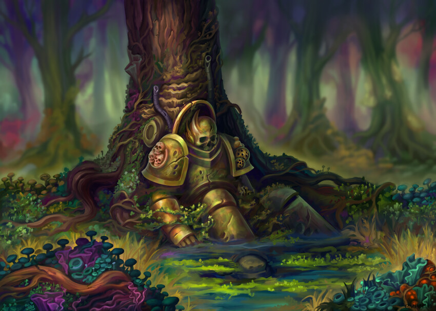 1boy adeptus_astartes armor armored_boots blurry blurry_background boots bush chaos_(warhammer) chaos_space_marine corpse cracked_armor cracked_skull death_guard evivan forest grass green_armor highres in_water leaf leaning_on_object male_focus moss mushroom nature no_headwear nurgle_(symbol) ooze partially_submerged pauldrons plant plant_roots power_armor rust shallow_water shoulder_armor skeleton skull skull_ornament tree tube warhammer_40k water wetland