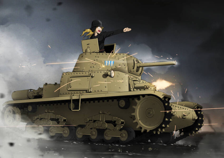 1girl arm_stretch blonde_hair bullets cloud dark_clouds dust firing gun gunfire helmet medium_tank military_vehicle motor_vehicle mrxinom open_mouth original smoke smoking_barrel tank vehicle war weapon world_war_ii