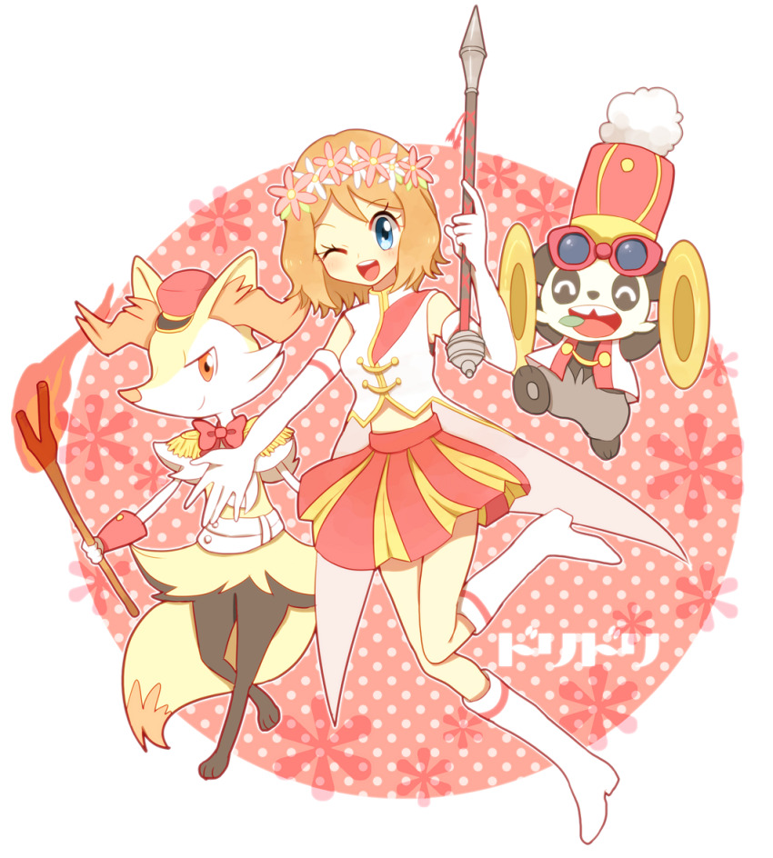 1girl ako_(ako0905) blue_eyes braixen brown_hair creatures_(company) cymbals elbow_gloves eyewear_on_head full_body game_freak gen_6_pokemon gloves head_wreath holding holding_stick instrument nintendo one_eye_closed open_mouth pancham pokemon pokemon_(anime) pokemon_(creature) pokemon_xy_(anime) red_skirt serena_(pokemon) shoes short_hair skirt stick tailcoat white_shoes