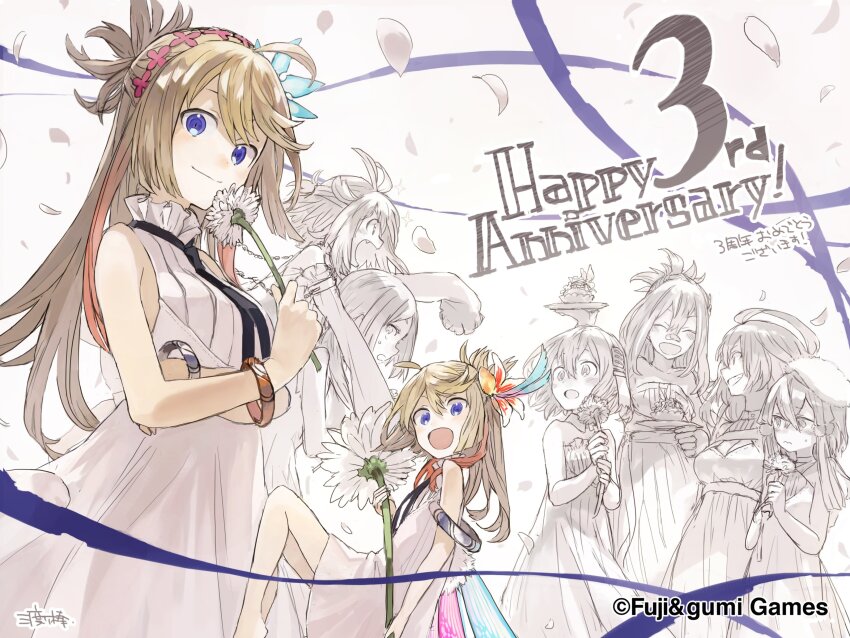 6+girls :d absurdres anniversary artist_name blonde_hair blue_eyes chiyou_(phantom_of_the_kill) closed_mouth commentary_request copyright_notice detached_sleeves dress dulyn flower gridarvol hair_flower hair_ornament happy_anniversary hat highres holding holding_flower longinus_(phantom_of_the_kill) looking_at_viewer multiple_girls ness_(phantom_of_the_kill) official_art open_mouth parashu phantom_of_the_kill pinaka second-party_source signature smile strapless strapless_dress watarubou white_dress white_flower white_petals