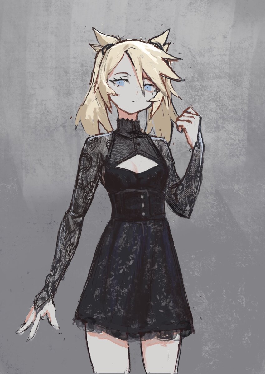 1girl arm_at_side arm_up asymmetrical_bangs black_corset black_dress blonde_hair blue_eyes breasts bridal_gauntlets bridal_sleeves cleavage_cutout clenched_hand clothing_cutout collar commentary corset cowboy_shot diamond_cutout dress english_commentary expressionless eyebrows_hidden_by_hair frilled_collar frilled_dress frills grey_background hair_between_eyes hair_over_one_eye half-closed_eyes high_collar highres klain_(vertigris) lace lace-trimmed_dress lace_dress lace_sleeves lace_trim long_eyelashes looking_at_viewer medium_hair open_hand original parted_bangs short_dress sidelocks sketch small_breasts solo spiked_hair standing straight-on thick_eyelashes thighs twintails vertigris