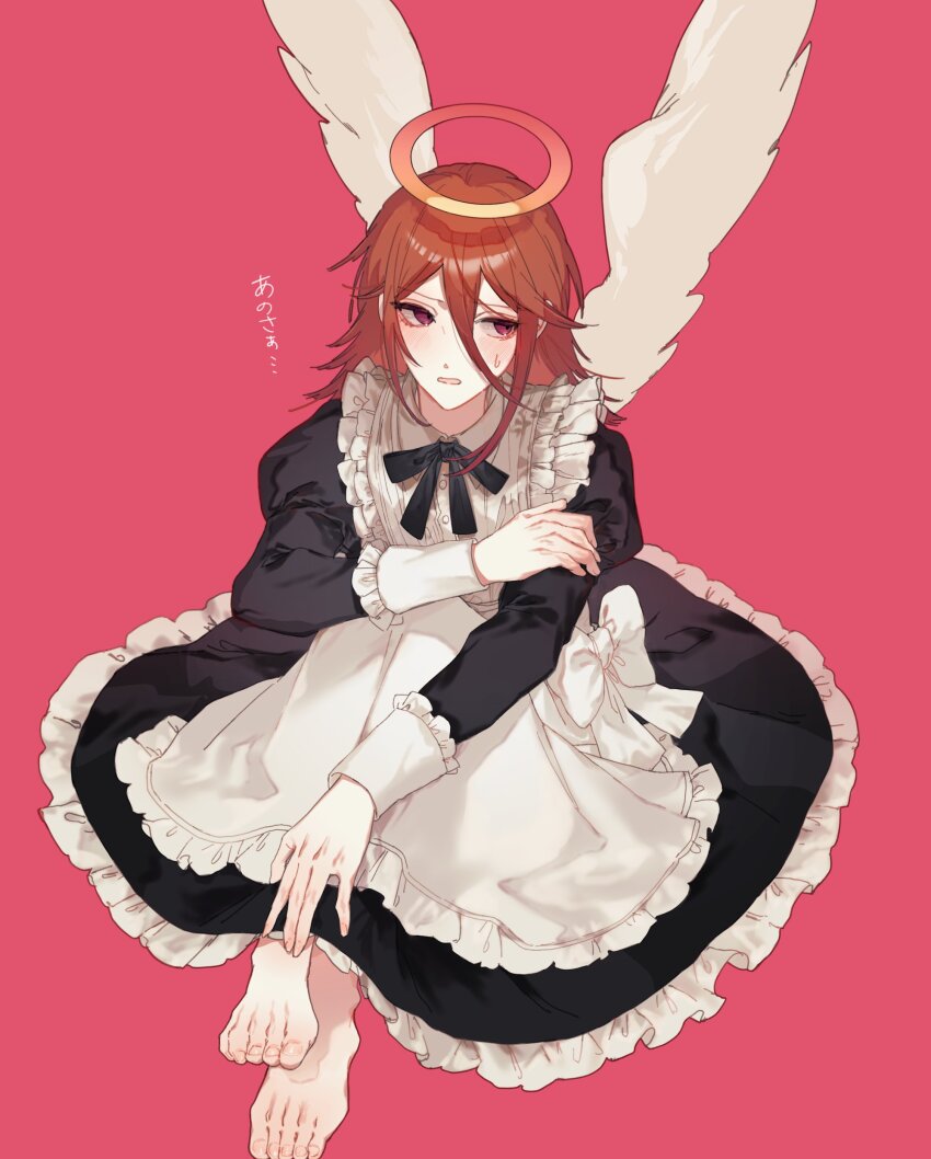 1boy absurdres alternate_costume androgynous angel angel_devil_(chainsaw_man) angel_wings apron barefoot black_dress brown_eyes brown_hair chainsaw_man commentary_request crossdressing crossdressing_(mtf) dress enmaided feathered_wings feet frilled_apron frills full_body gradient_background hair_between_eyes halo highres long_hair_between_eyes long_sleeves looking_to_the_side maid maid_apron male_focus male_maid medium_hair mizutani_(zattany) pink_background sitting solo sweat traditional_halo translation_request white_apron white_wings wings