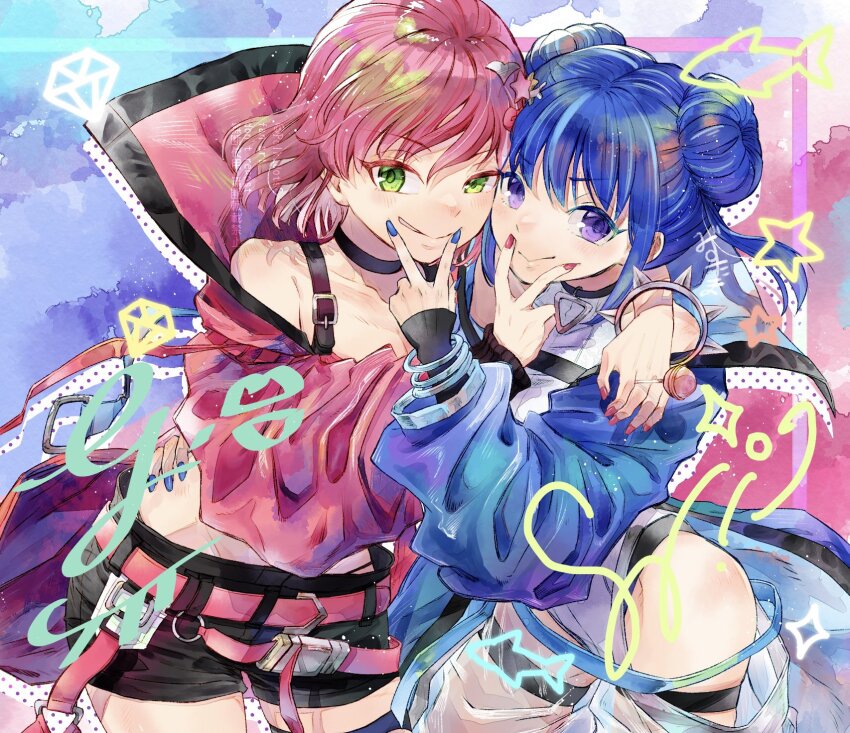 2girls belt blue_hair blue_nails breasts candy cleavage diamond_(shape) double_bun double_v duel_monster evil_twin_ki-sikil evil_twin_lil-la food green_eyes hair_bun highres jacket ki-sikil_(yu-gi-oh!) large_breasts lil-la_(yu-gi-oh!) lollipop looking_at_viewer mizutama_(mizutamalion) multiple_girls nail_polish official_alternate_costume pink_belt pink_hair pink_nails purple_eyes short_hair shorts smile star_(symbol) thighhighs v yu-gi-oh!