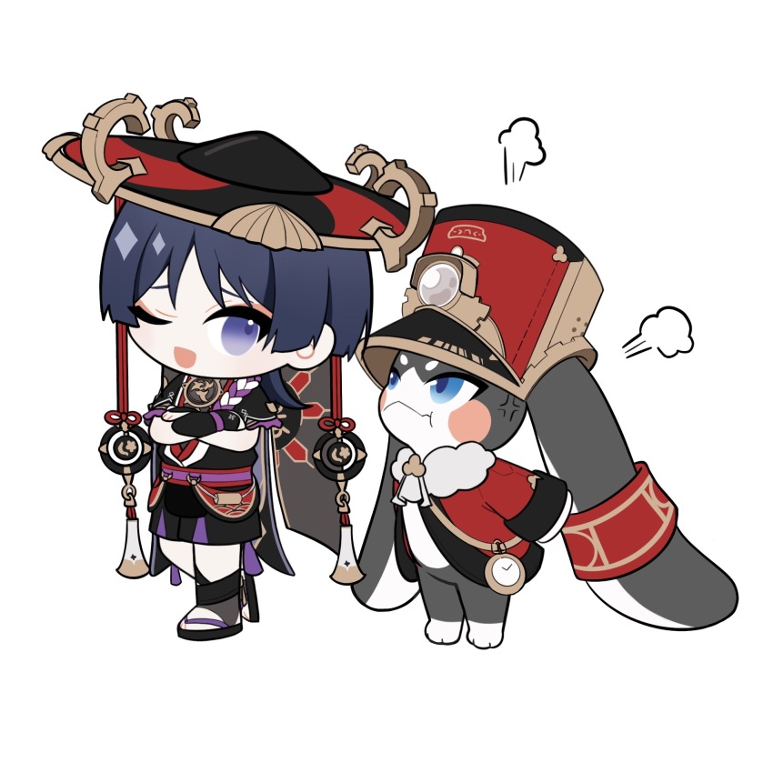 1boy anger_vein arm_at_side armor black_hair black_hat black_kimono black_sandals black_shorts black_sleeves blue_eyes blunt_ends chibi coat creature crossed_arms crossover eyeliner eyeshadow frilled_sleeves frills fur_collar furisode genshin_impact gold hand_on_own_arm hat highres honkai:_star_rail honkai_(series) in-franchise_crossover japanese_armor japanese_clothes jingasa juban kimono kote kurokote layered_sleeves looking_at_another makeup male_focus mitsudomoe_(shape) o-ring one_eye_closed open_clothes open_coat open_kimono open_mouth pom-pom_(honkai:_star_rail) puff_of_air purple_eyes purple_rope purple_sash purple_sleeves red_coat red_eyeliner red_eyeshadow red_hat red_kimono red_sash red_sleeves rope sandals sash scaramouche_(genshin_impact) shako_cap shimenawa short_eyebrows short_sleeves shorts standing stirrup_footwear toes tomoe_(symbol) touxin_0316 two-tone_hat white_background white_kimono white_rope wispy_bangs zouri