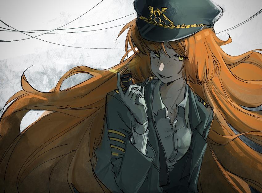 1girl black_hat black_jacket buttons collared_shirt freckles gloves grin hat highres holding holding_smoking_pipe humian0101 ishmael_(project_moon) jacket lapels limbus_company long_hair orange_hair peaked_cap pequod_(identity)_(project_moon) project_moon shirt smile smoking_pipe solo string upper_body very_long_hair white_gloves white_shirt yellow_eyes
