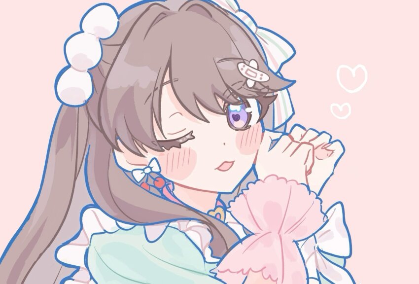 1girl ;3 ;d aqua_dress bandaid bandaid_hair_ornament blush bow bow_earrings brown_hair cherry_earrings commentary dress earrings food-themed_earrings food_themed_earrings fujishima_megumi hair_ornament hair_ribbon hakuchu_a_la_mode hands_up heart heart-shaped_pupils highres jewelry link!_like!_love_live! long_hair long_sleeves looking_at_viewer love_live! official_alternate_costume one_eye_closed open_mouth own_hands_together pink_background portrait purple_eyes ribbon simple_background smile solo striped_ribbon symbol-shaped_pupils techimi two_side_up virtual_youtuber white_ribbon