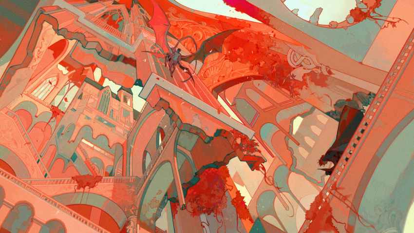 architecture bat_wings biceps building centauroid highres leaf original plant railing red_theme spread_wings surreal taur very_wide_shot vines window wings xiaoquandianer