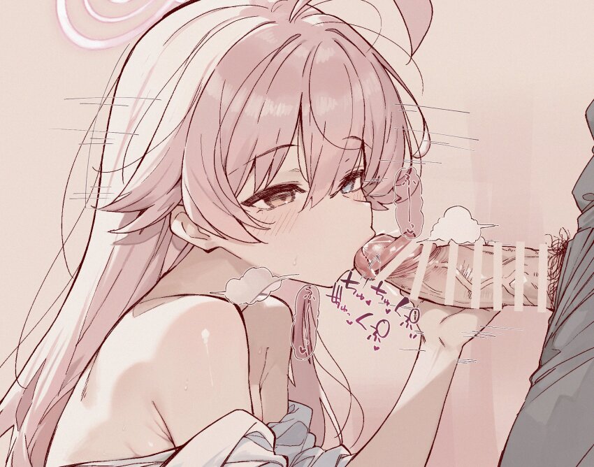1boy 1girl ahoge bar_censor blue_archive censored fellatio glansjob hair_between_eyes halo handjob hetero heterochromia highres hoshino_(blue_archive) long_hair male_pubic_hair motion_lines oral penis pink_hair pubic_hair sepia simple_background speech_bubble speed_lines suujiniku