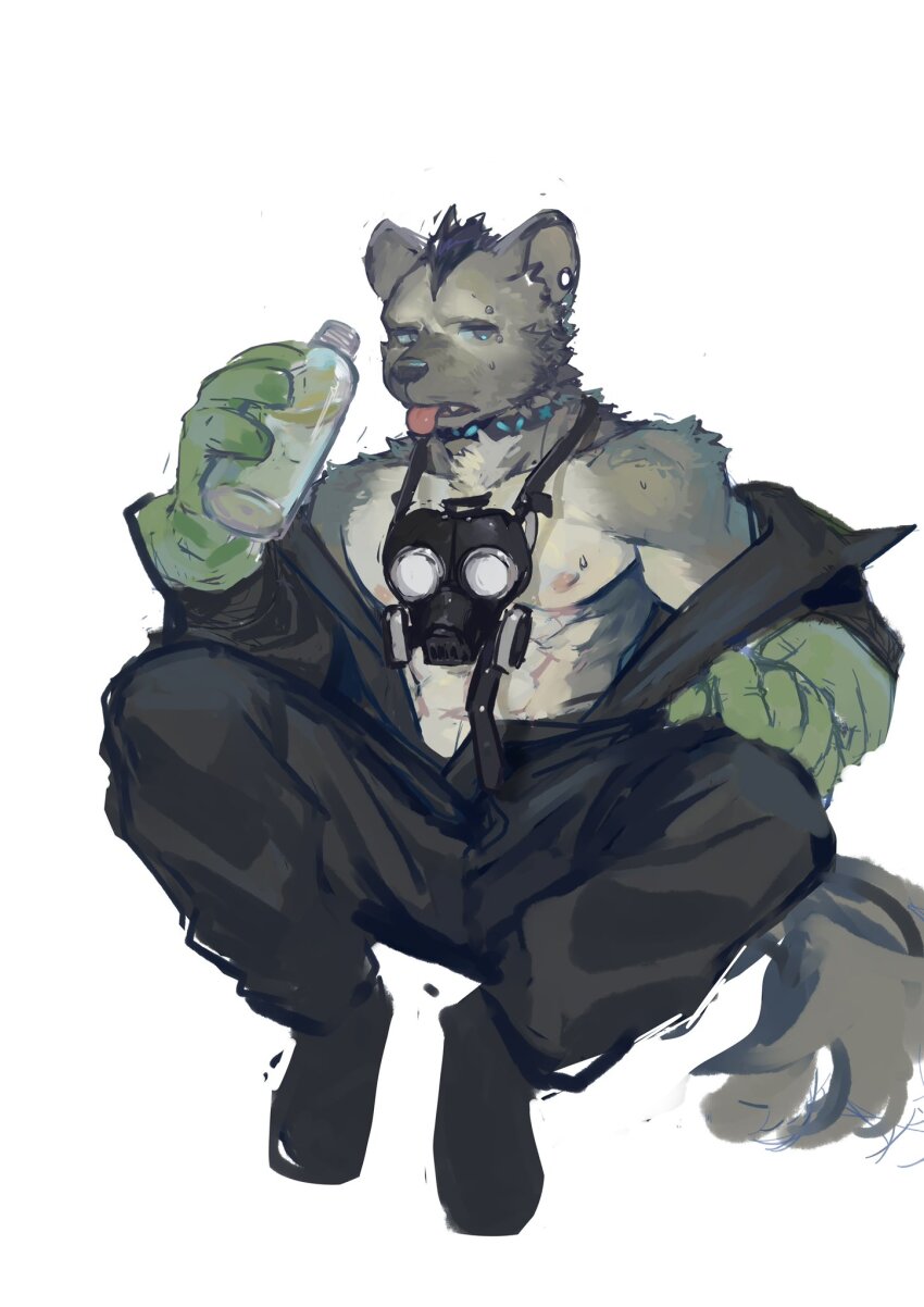 1boy abs arknights bara bare_pectorals biceps black_hair bottle commentary ear_piercing eyebrow_piercing fang furry furry_male gas_mask gloves grey_fur highres holding holding_bottle hyena_boy hyena_ears hyena_tail infection_monitor_(arknights) looking_at_viewer male_focus mask muscular muscular_male nipples open_mouth overalls pectorals piercing spot_(arknights) symbol-only_commentary tongue tongue_out water_bottle white_background xianyud