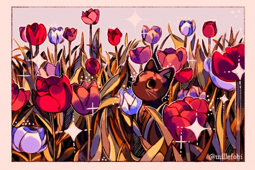 animal animal_focus artist_name blue_flower blue_tulip border brown_cat cat commentary day dots english_commentary field flower flower_field flower_focus grey_background hatching_(texture) highres inset_border leaf light_particles looking_at_viewer millefobi no_humans no_mouth original outdoors outline pale_background pink_flower pink_tulip purple_flower purple_tulip red_flower red_tulip simple_background sparkle tortoiseshell_cat tulip whiskers white_border white_flower white_outline white_tulip yellow_eyes