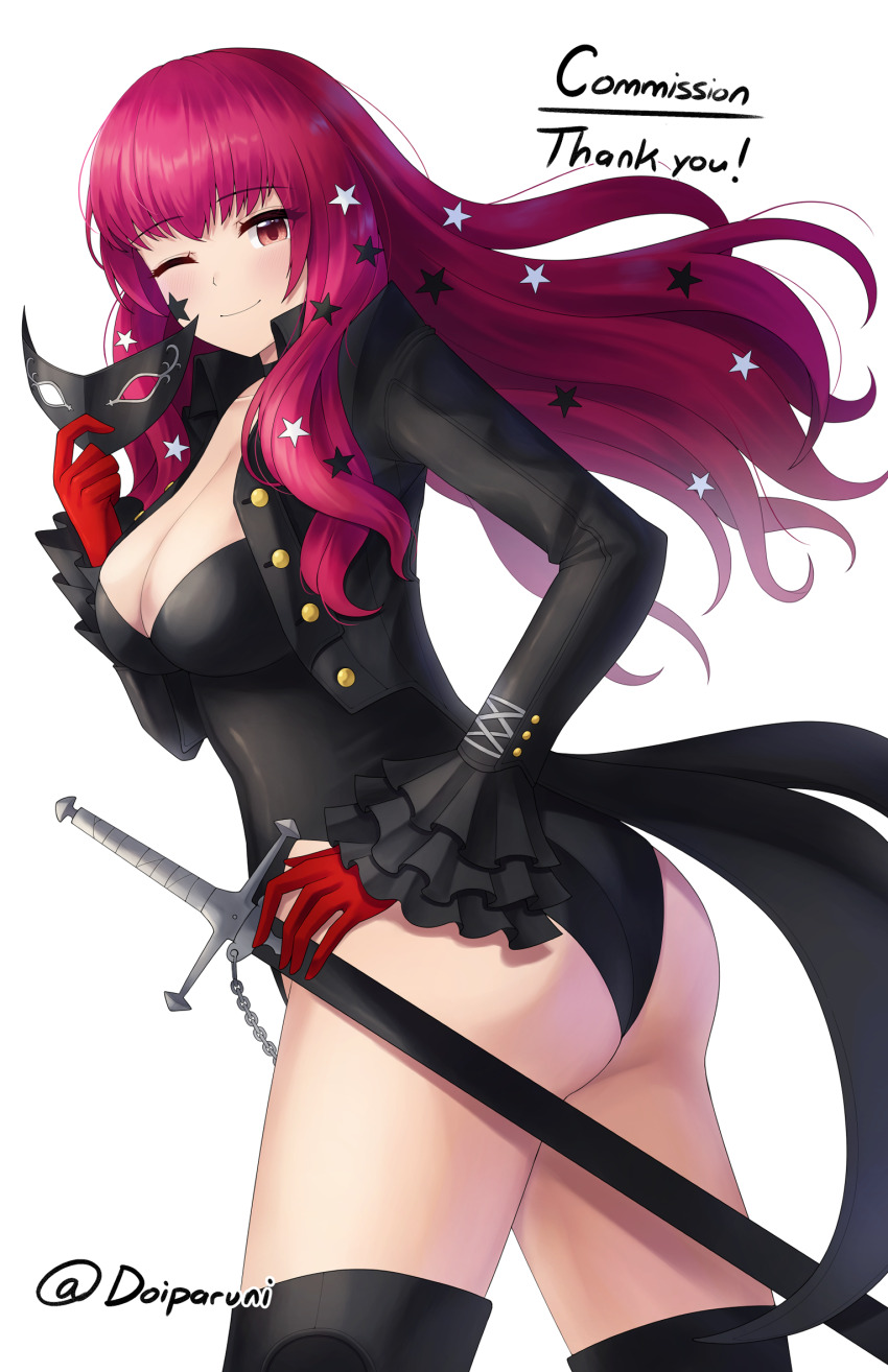 1girl ass black_footwear black_jacket black_leotard boots breasts choker cleavage collarbone commission cosplay costume_switch doiparuni fire_emblem fire_emblem_engage gloves hair_ornament highres huge_ass jacket jake_brito large_breasts laura_post leotard long_sleeves looking_at_viewer mask nintendo one_eye_closed open_clothes open_jacket persona persona_5 persona_5_the_royal red_eyes red_hair smile star_(symbol) star_hair_ornament sword thigh_boots voice_actor_connection weapon white_background wink yoshizawa_kasumi yoshizawa_kasumi_(cosplay) yunaka_(fire_emblem)