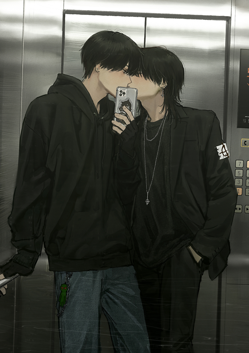 2boys black_coat black_hair black_hoodie black_pants black_shirt buttons coat collared_coat covered_mouth cowboy_shot ear_piercing earrings elevator elevator_door hands_in_pockets highres hirota_tsuu holding holding_phone hood hoodie indoors jewelry keypad kiss long_sleeves male_focus medium_hair mirror mirror_selfie multiple_boys necklace open_clothes open_coat original pants phone piercing selfie shirt short_hair yaoi