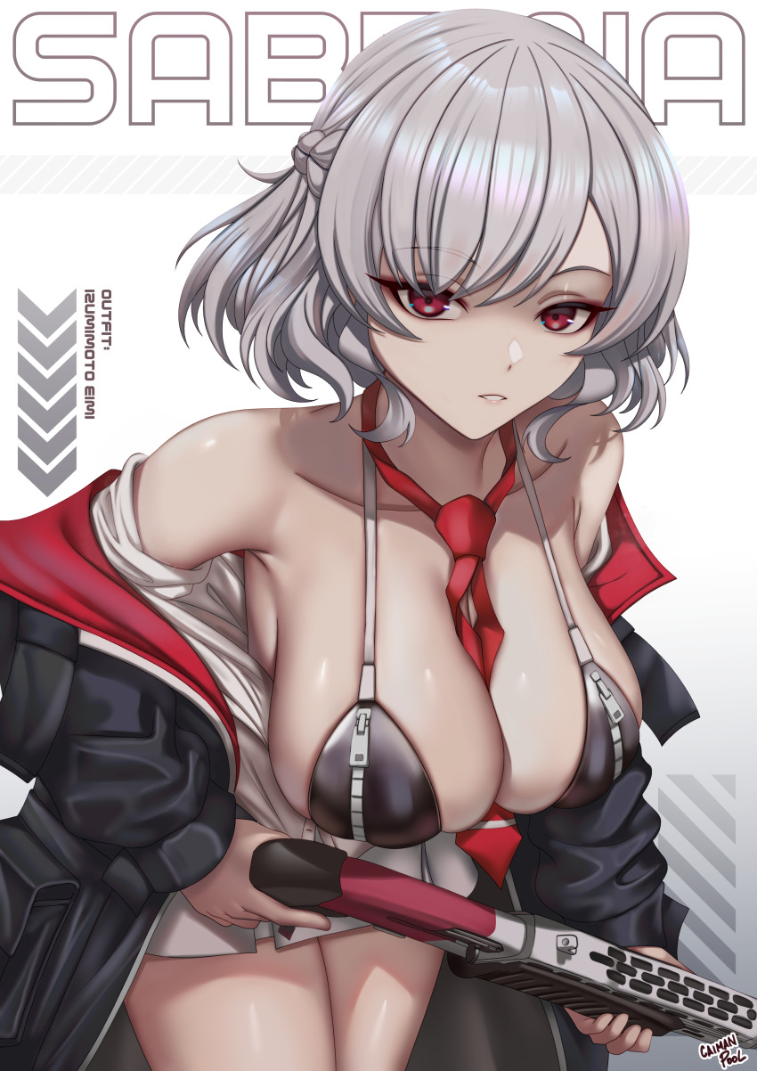 1girl absurdres between_breasts bikini black_jacket blue_archive breasts caiman_pool cleavage cosplay eimi_(blue_archive) eimi_(blue_archive)_(cosplay) english_text girls&#039;_frontline girls&#039;_frontline_2:_exilium grey_hair gun hair_ribbon headphones headphones_around_neck highres holding holding_gun holding_weapon jacket medium_hair necktie necktie_between_breasts pump_action red_eyes red_necktie ribbon sabrina_(girls&#039;_frontline_2) shotgun solo spas-12 spas-12_(girls&#039;_frontline) swimsuit weapon zipper zipper_bikini