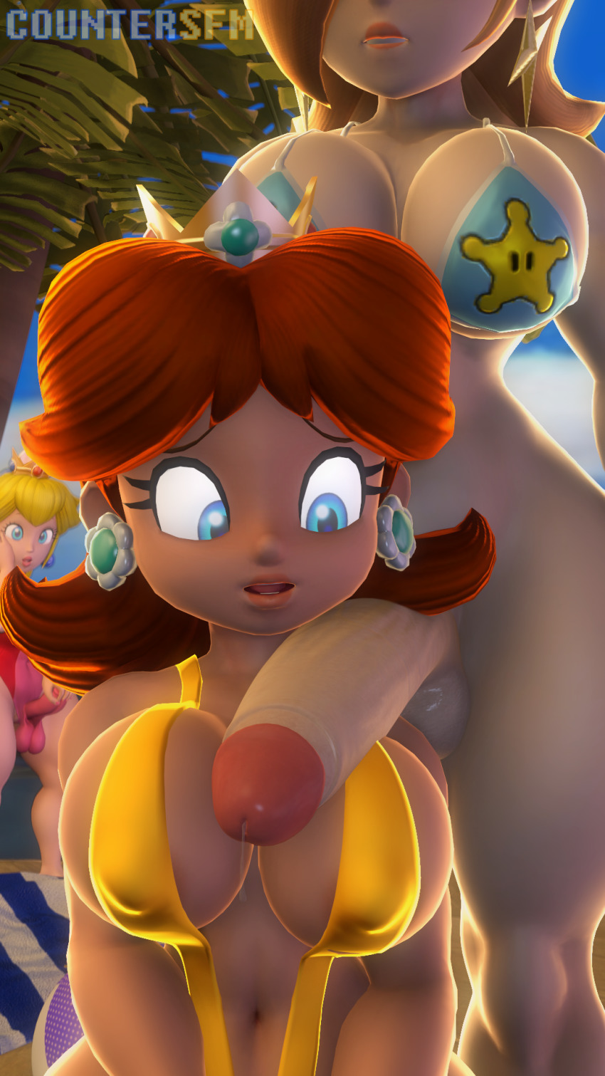 1girl 2futa 3d beach bikini blonde_hair blue_eyes breasts brown_hair countersfm ear_piercing earrings futanari highres huge_penis jewelry large_breasts large_penis long_hair looking_at_viewer mario_(series) multiple_futa nintendo open_mouth penis penis_grab piercing princess_daisy princess_peach rosalina star_(symbol) star_earrings super_mario_bros._1 super_mario_galaxy super_mario_land surprised swimsuit testicles