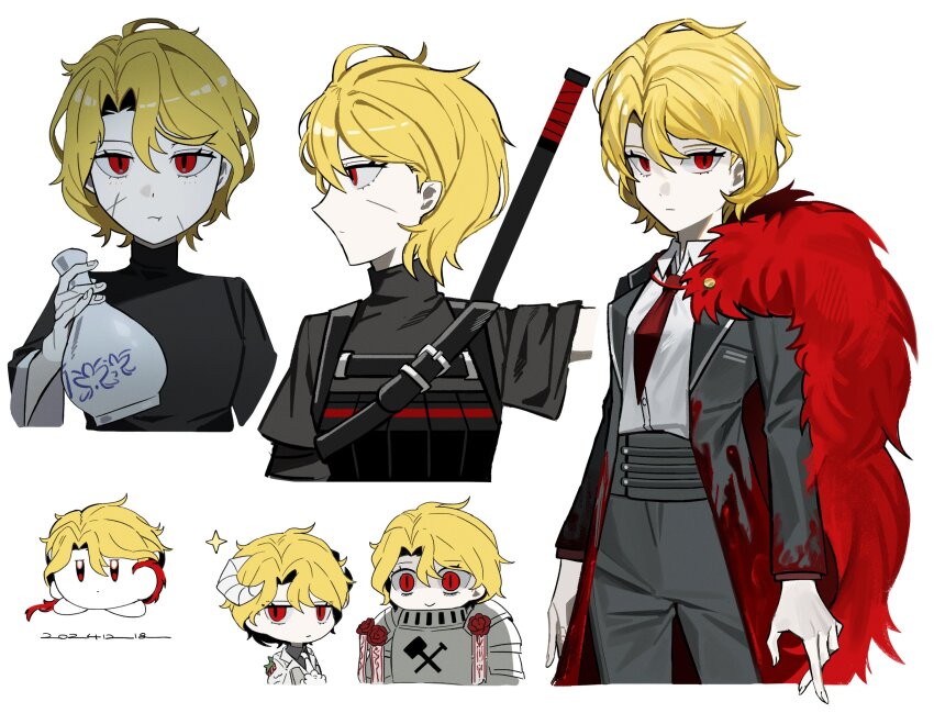 1girl asdf1211950 black_coat black_undershirt blade_lineage_(identity)_(project_moon) blonde_hair blood blood_on_clothes bottle cape closed_mouth coat collared_shirt don_quixote_(project_moon) e.g.o_(project_moon) hand_up highres katana kirby kirby_(series) lantern_(e.g.o) lapels limbus_company lobotomy_corporation lobotomy_corporation_(identity)_(project_moon) multiple_views n_corp._fanatic_(identity)_(project_moon) necktie nintendo notched_lapels parted_bangs project_moon red_cape red_eyes red_necktie sake_bottle sancho_(project_moon) scar scar_on_face shi_association_south_uniform shirt short_hair simple_background sword wavy_hair weapon white_background white_shirt