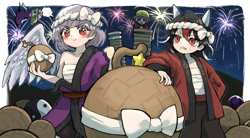 4girls black_hair black_legwear black_pants blonde_hair blush bomb bow commentary_request dress explosive feathered_wings fireworks gap_(touhou) grey_hair grey_horns hachimaki hadanugi_dousa happi hard_hat hat headband helmet highres holding horns howhow_notei japanese_clothes kijin_seija kimono kishin_sagume long_hair long_sleeves medium_hair mini_person minigirl mob_cap multicolored_hair multiple_girls nejiri_hachimaki night occult_ball open_clothes open_kimono orb outdoors pants pantyhose purple_dress purple_hair red_eyes red_hair sarashi single_wing smile sparkling_eyes star_(symbol) streaked_hair sukuna_shinmyoumaru thumbs_up touhou white_bow white_hair white_headwear wide_sleeves wings yakumo_yukari yin_yang yin_yang_orb