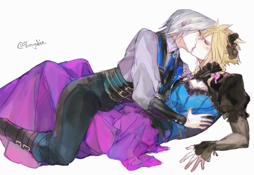 2boys aged_down black_trim blonde_hair blue_corset blue_dress blue_flower blue_rose blush bow boy_on_top braid closed_eyes cloud_strife cloud_strife_(blue_dress) commentary_request corsage corset crossdressing dress final_fantasy final_fantasy_vii final_fantasy_vii_ever_crisis final_fantasy_vii_remake fishnet_sleeves fishnets flower frills grey_hair hair_bow hand_on_another&#039;s_waist holding kiss lace-up_top long_dress long_hair long_sleeves male_focus multiple_boys official_alternate_costume puffy_sleeves rose sephiroth sephiroth_(dark_attire) sephiroth_(ever_crisis) shirt short_hair spiked_hair straddling tomgoblin twin_braids twitter_username yaoi