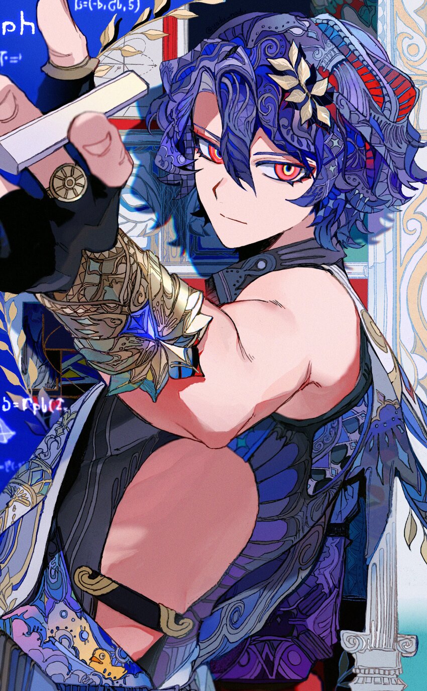 1boy absurdres black_gloves black_shirt blue_hair chalk closed_mouth clothing_cutout dr._ratio_(honkai:_star_rail) fingerless_gloves gloves hair_between_eyes hair_ornament highres holding holding_chalk honkai:_star_rail honkai_(series) looking_at_viewer male_focus patterned_clothing patterned_hair red_eyes shirt short_hair sleeveless sleeveless_shirt solo upper_body yadu_nadu