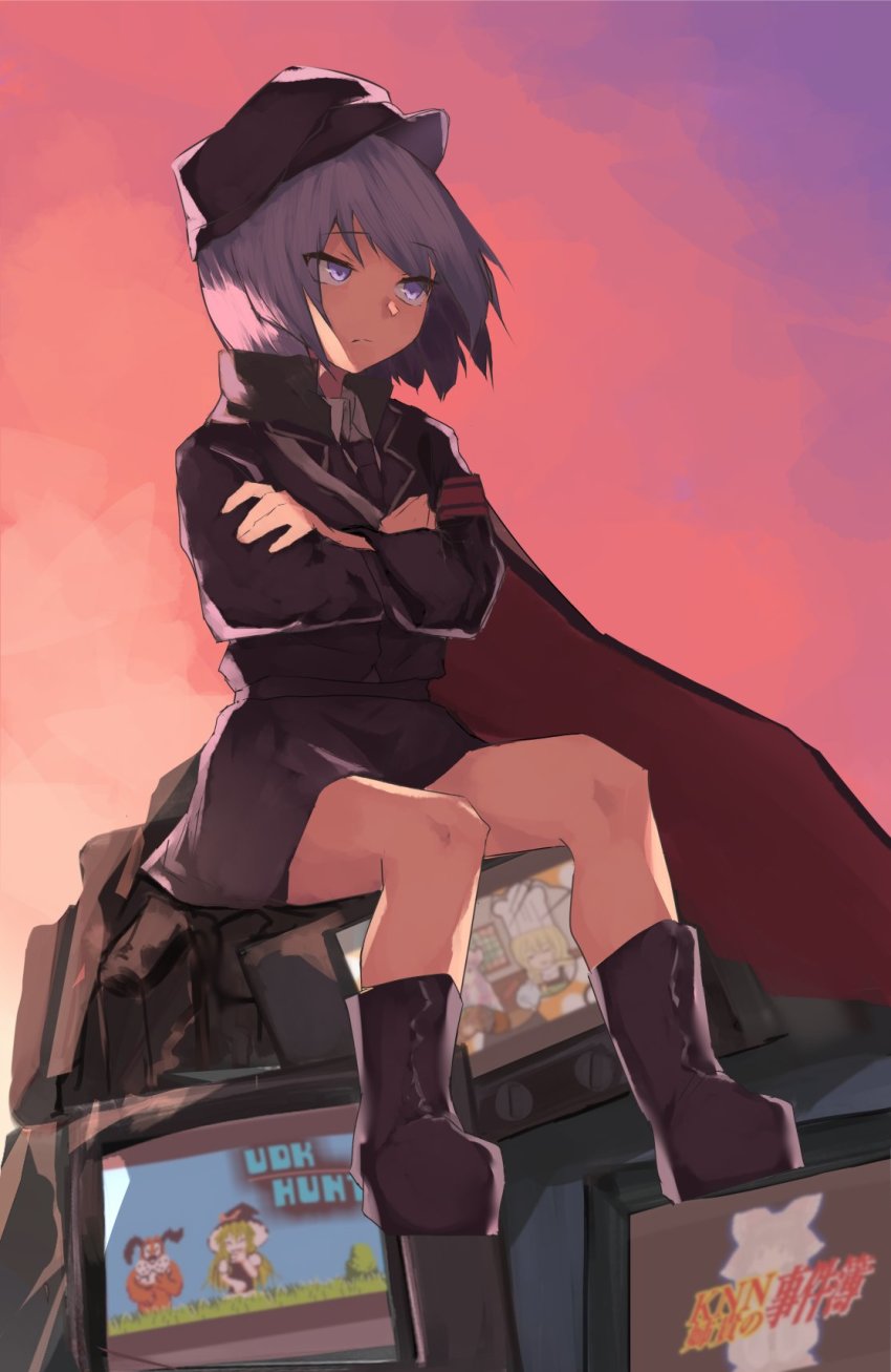 1girl black_boots black_cape black_coat black_headwear black_necktie black_skirt boots cape closed_mouth coat collared_shirt cookie_(touhou) crossed_arms dog_(duck_hunt) duck_hunt expressionless full_body geru_futota hakurei_reimu highres kanna_(cookie) looking_afar military military_uniform necktie nintendo purple_eyes purple_hair red_cape remilia_scarlet rizeass shirt short_hair sitting skirt solo television touhou two-sided_cape two-sided_fabric uzuki_(cookie) white_shirt