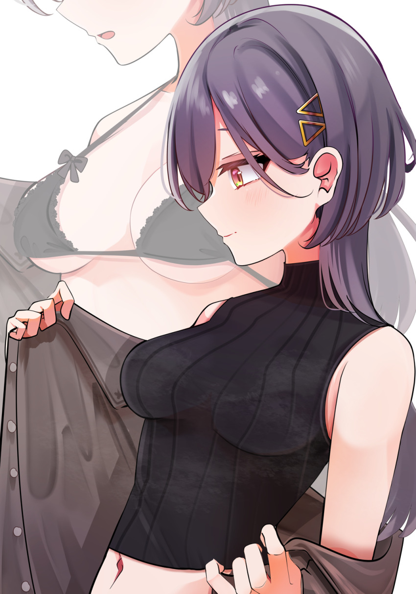 1girl black_bra black_sweater blush bra breasts cardigan closed_mouth commentary cropped_sweater grey_cardigan grey_hair hair_ornament highres katsuragi_izumi link!_like!_love_live! long_hair love_live! medium_breasts midriff multiple_views navel open_mouth orange_eyes paid_reward_available profile ribbed_sweater sideways_mouth simple_background sleeveless sleeveless_sweater steaming_body strap_gap string_bra sweater triangle_hair_ornament turtleneck turtleneck_sweater underwear whin white_background wolf_cut