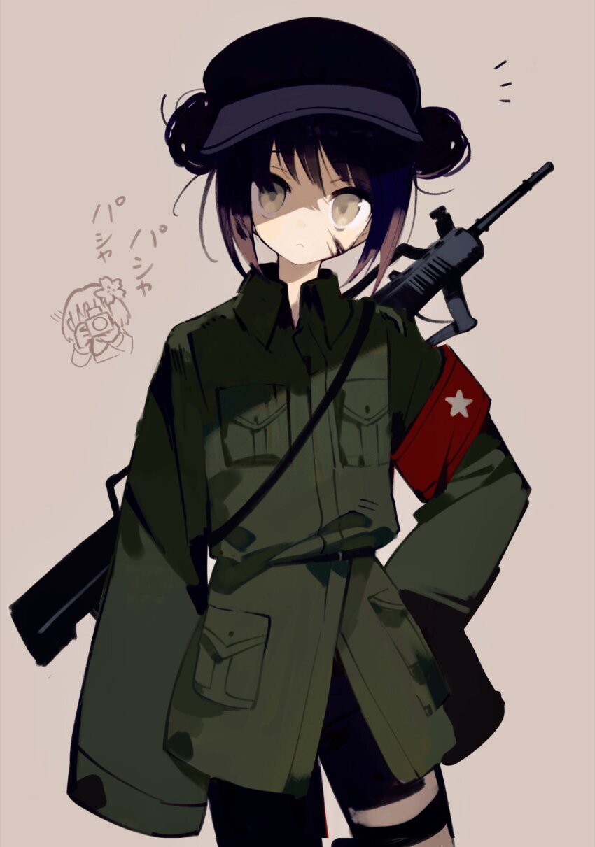 2girls armband axis_powers_hetalia black_hat black_pants blood blood_on_face breast_pocket brown_hair camera china_(female)_(hetalia) china_(hetalia) closed_mouth collared_jacket commentary_request covered_face cowboy_shot double_bun flower genderswap genderswap_(mtf) green_jacket grey_background gun hair_bun hair_flower hair_ornament hand_on_own_hip hat highres holding holding_camera izuki1428 jacket japan_(female)_(hetalia) japan_(hetalia) long_sleeves looking_at_viewer military_hat military_jacket military_uniform multiple_girls pants pocket red_armband rifle short_hair sidelocks simple_background solo_focus standing star_(symbol) star_print taking_picture visor_cap weapon weapon_on_back wide_sleeves yellow_eyes