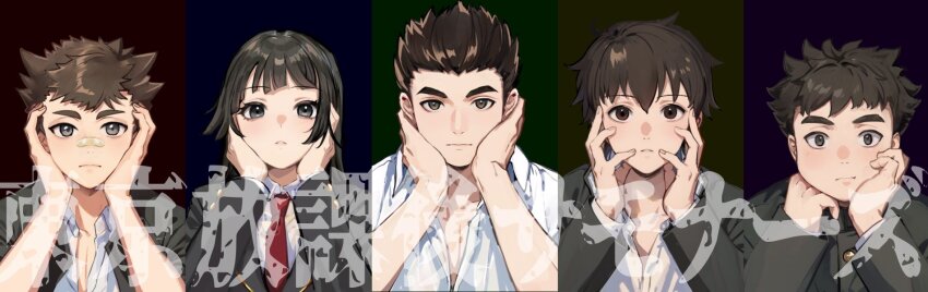 1girl 4boys bandaid bandaid_on_face bandaid_on_nose black_eyes black_hair black_jacket blunt_bangs blunt_sidelocks brown_eyes brown_hair closed_mouth commentary_request copyright_name dark_background gakuran grey_eyes hair_between_eyes hair_slicked_back hand_on_own_face head_rest highres jacket long_hair long_sleeves looking_at_viewer multiple_boys necktie parted_lips partially_unbuttoned pectoral_cleavage pectorals protagonist_1_(housamo) protagonist_2_(housamo) protagonist_3_(housamo) protagonist_4_(housamo) protagonist_5_(housamo) red_necktie school_uniform shirt short_hair sidelocks simple_background tass_commuovere thick_eyebrows tokyo_houkago_summoners upper_body white_shirt