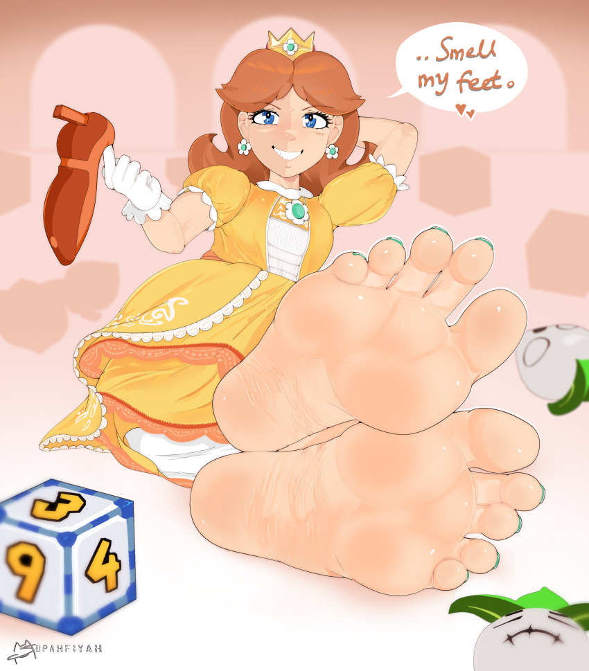 1girl absurdres barefoot blue_eyes clothes crown dress earrings foot_focus gloves highres jewelry mario_(series) mario_party nintendo princess_daisy smile soles supahfiyah super_smash_bros. toes turnip