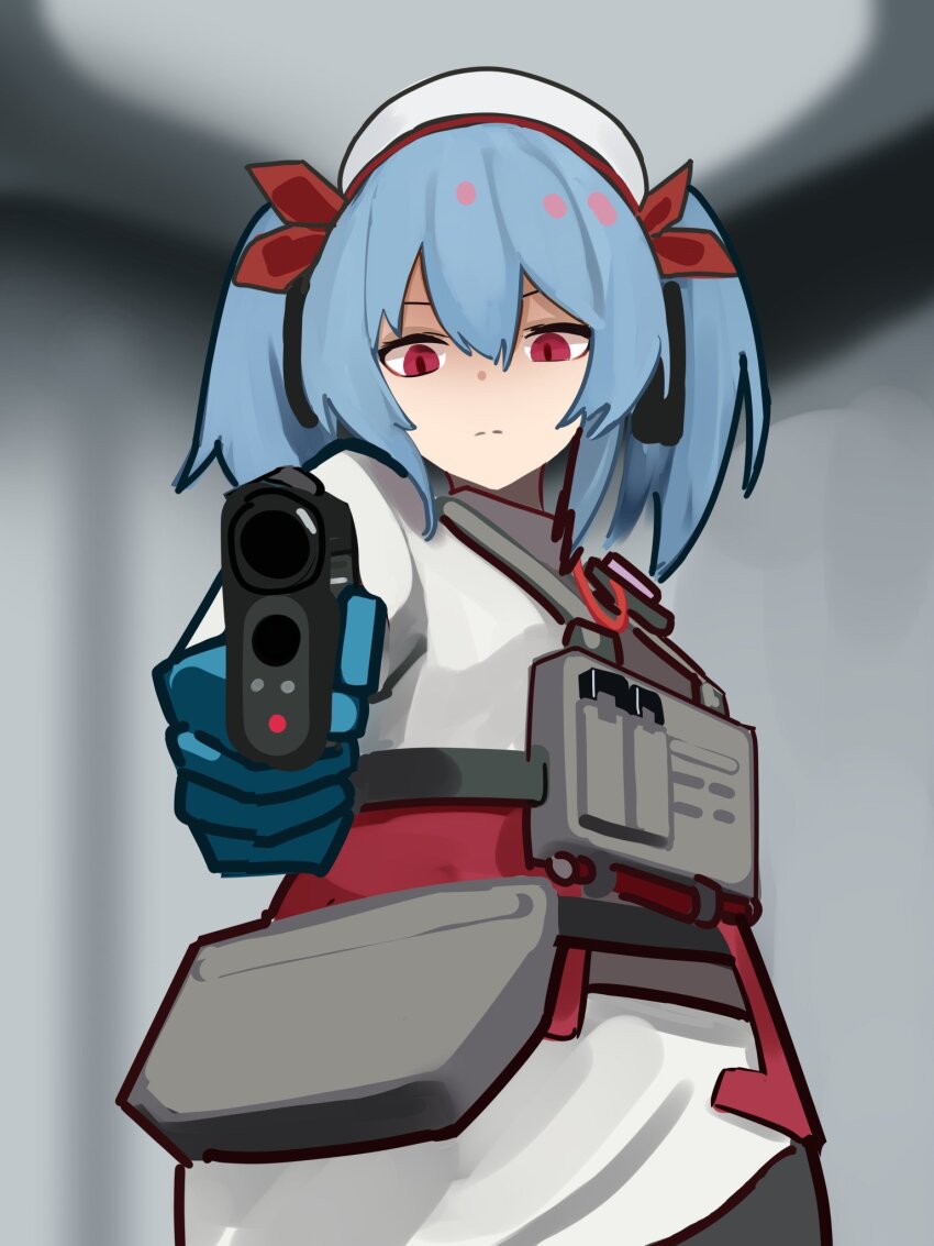 1girl blue_hair colphne_(girls&#039;_frontline_2) girls&#039;_frontline girls&#039;_frontline_2:_exilium gloves gun handgun hat jacket pocket_pistol red_eyes taurus_curve twintails weapon white_jacket