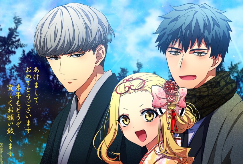 1girl 2boys black_hair black_scarf blonde_hair blue_sky bow bowl_cut brown_eyes commentary_request fate/grand_order fate_(series) forehead grey_hair hair_bow hair_pulled_back headpiece honchu ibaraki_douji_(fate) japanese_clothes kimono multiple_boys no_horns open_mouth saitou_hajime_(fate) scarf sky smile striped_clothes striped_scarf translation_request watanabe_no_tsuna_(fate) yellow_eyes