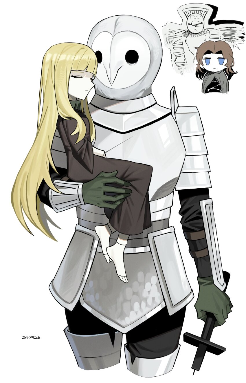 1girl 2boys absurdres alice_(black_souls) armor asdf1211950 black_pantyhose black_shirt black_souls black_souls_2 blue_eyes boots brown_dress brown_hair character_request closed_mouth cosplay cowboy_shot doll_alice_(black_souls) dress gloves green_gloves highres long_sleeves lorde_(black_souls) multiple_boys pantyhose parted_bangs shirt simple_background the_girl_(fear_&amp;_hunger) the_girl_(fear_&amp;_hunger)_(cosplay) thigh_boots white_armor white_background