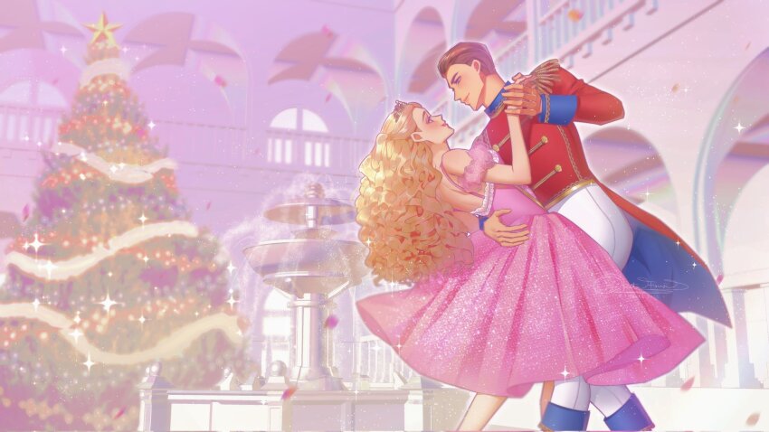 1boy 1girl balcony ballerina barbie_(character) barbie_(franchise) barbie_in_the_nutcracker barbie_movies bare_shoulders black_hair blonde_hair blue_eyes blurry blush bokeh castle christmas christmas_tree clara_(barbie) coat corset couple courtyard curly_hair dancing depth_of_field dress fountain hand_on_another&#039;s_back highres holding_hands landscape long_hair looking_at_another military_uniform nutcracker okitafuji pants pastel_colors petals pink_dress prince princess puffy_short_sleeves puffy_sleeves red_coat ringlets rose_petals short_sleeves shoulder_pads smile soldier sparkle tailcoat the_nutcracker tiara tinsel tree water white_pants window