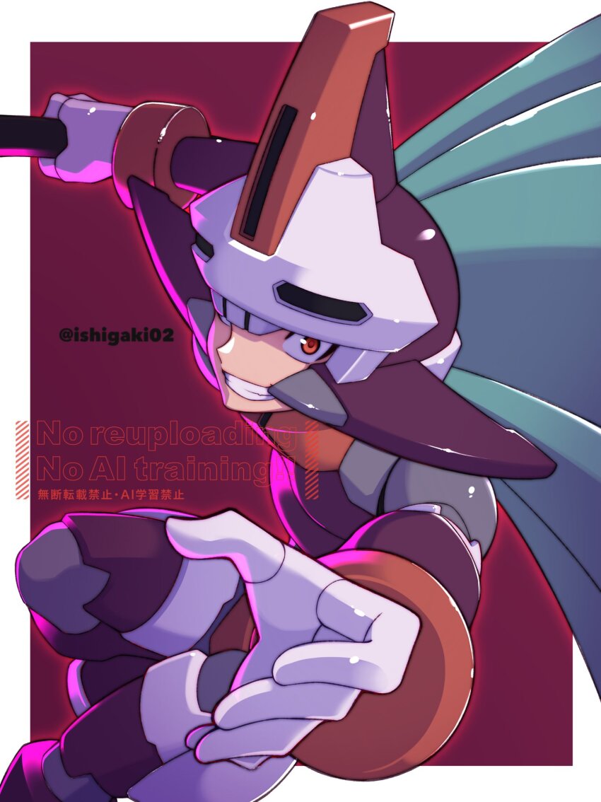 1boy armor blue_hair border helmet highres holding ishigaki_(sora_roxas) long_hair male_focus mega_man_(series) mega_man_zx model_w_(mega_man) parted_lips prometheus_(mega_man) purple_armor purple_background purple_helmet red_eyes simple_background skull-shaped_hat smirk solo teeth watermark white_border